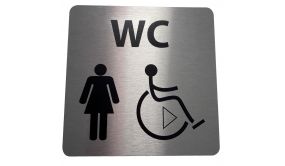 Picto WC Femme / PMR avec sens de transfert - 15 x 15 cm - aluminium brossé