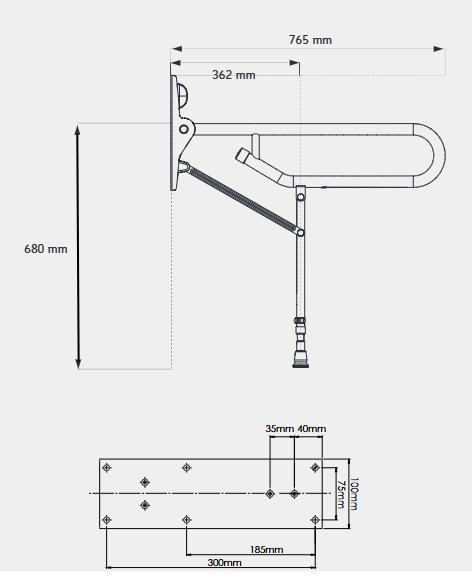 schema et dimensions barre d'appui rabattable avec pied fixe