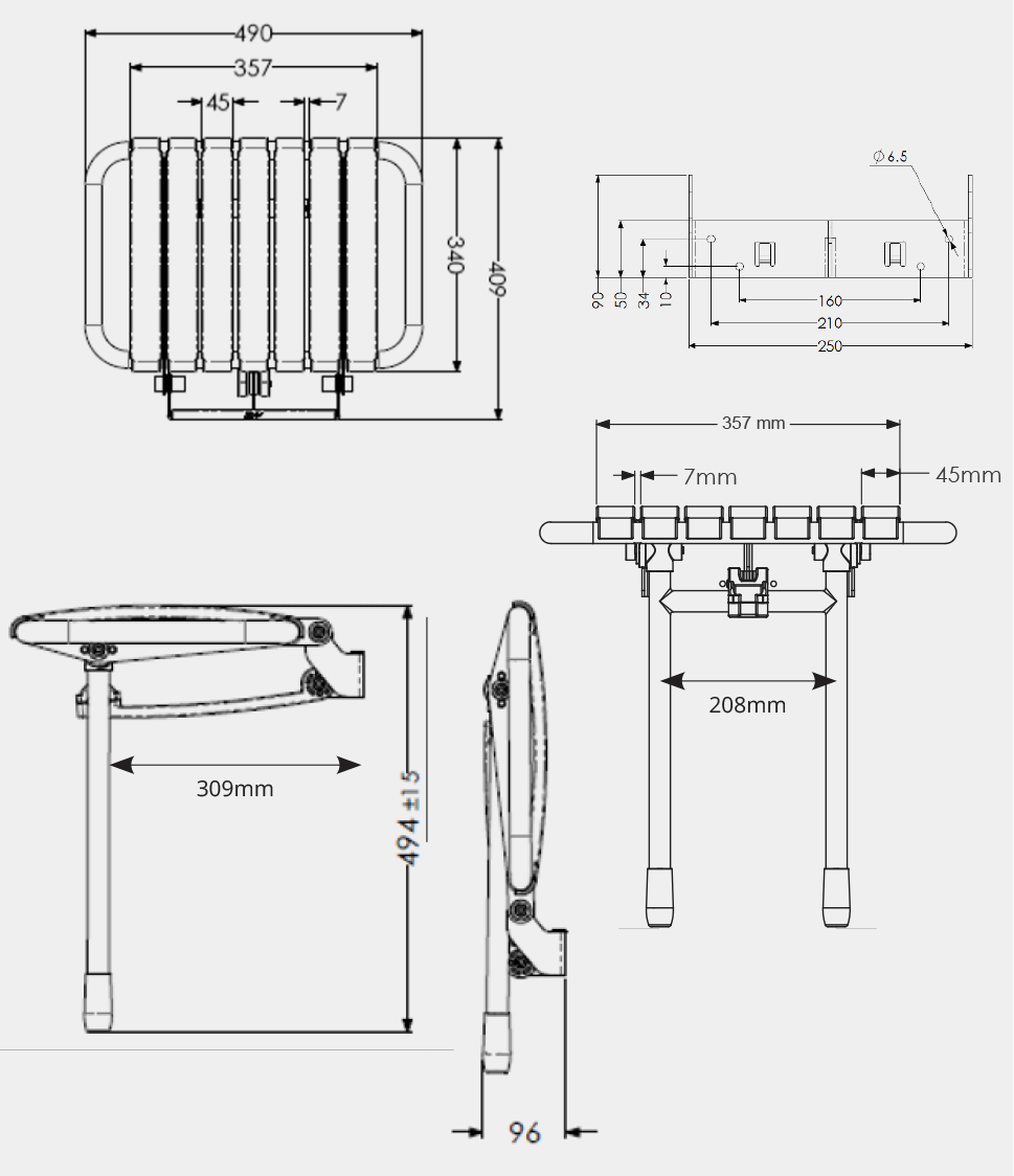 schemas et dimensions du siède de douche BAMA blanc